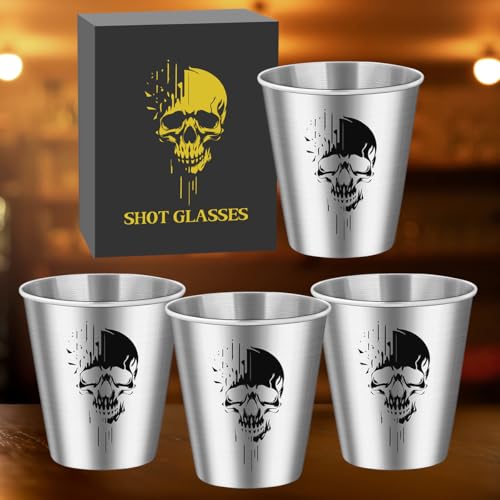 Silver Stainless Steel Shot Glasses with Skull Design - Set of 4, 70 ml, Gift Box, Gothic Party Drinkware