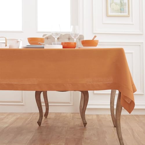 Pumpkin Linen Tablecloth 60x108 inch - Classic Hemstitch, Handcrafted