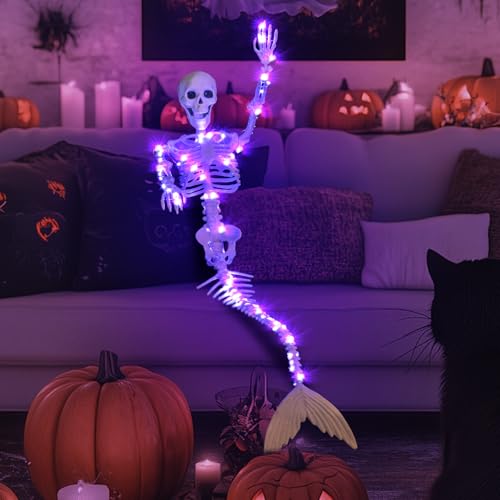 2 Pack 33-Inch Purple LED Mermaid Skeleton Halloween Decorations - Movable Posable Joints Hanging Props