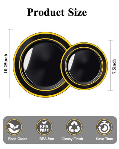Black Plastic Dinner Plates with Gold Rim Set - 200PCS, Elegant Partyware, Reusable & Disposable