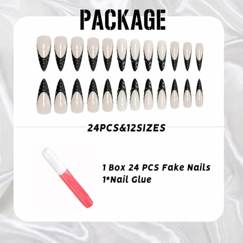 IMSOHOT Long Stiletto Press On Nails Black French Tips with 3D Designs - Variation 75-C42Black
