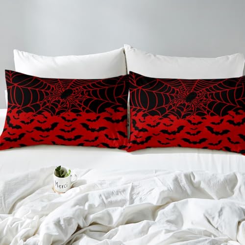 Halloween Bat Bed Sheets Queen Size Bed Set - Kids Boys Girls Spooky Web Design, No Flat Sheet - Halloween 05