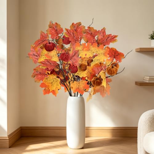 Fall Artificial Maple Leaves and Pumpkin Stem Set - 6 Pieces for Decor