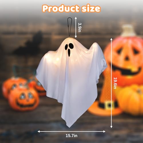 Halloween Ghost Light Decorations Set - 4 Hanging Floating Ghosts with Warm White LED for Indoor Outdoor Use - Variation 4