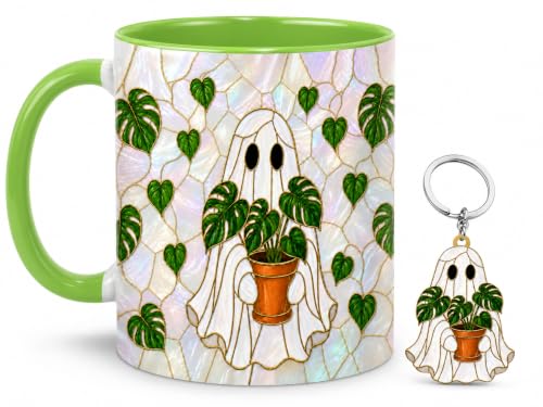 Ghost Plant Mug 11 Oz with Keychain - Halloween Plant Lover Gift - Cute Spooky Coffee Cup for Women