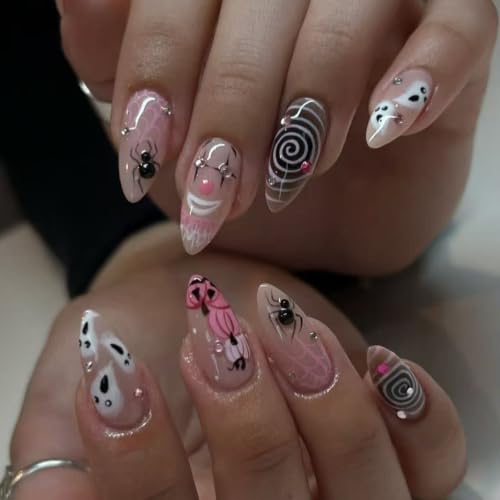 Halloween Press On Nails Almond Medium Clown Spider Web Ghost Pumpkin Designs Pink White Black Glue-On Nails - 24 Pcs