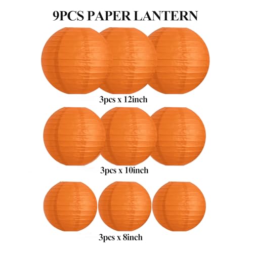 Orange Paper Lanterns for Party Decorations - 8, 10, 12 Inch, 9pcs, Mixed Sizes