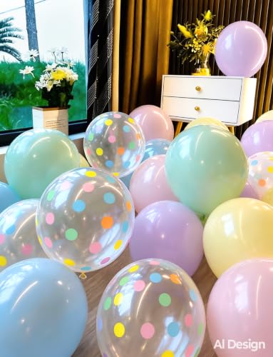 Pastel Rainbow Balloons with Polka Dot Design - Adeyoo, 12 Inch, 50 Pcs, No Mess Confetti Effect