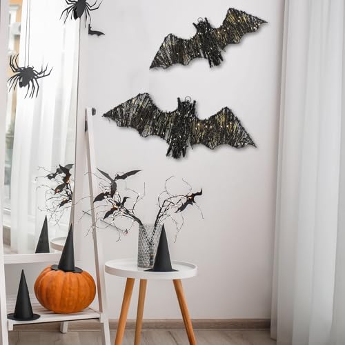 Halloween Rattan Bat Decorations with LED Lights & Timer Remote Set - Indoor Outdoor Spooky Decor
