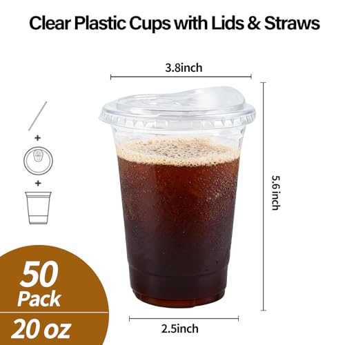 50 Pack Clear Disposable Plastic Cups with Lids and Straws - 20 oz Party Tumblers