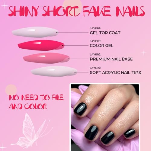 Black Short Square Press On Nails - 240pcs Fake Nails with 12 Sizes & Accessories