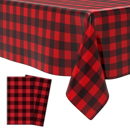 Red Black Checkered Disposable Plastic Tablecloth 2 Pack - 54 x 108 Inches, Buffalo Plaid Rectangular Cover for Party & Picnic - Variation: Red Black Plaid