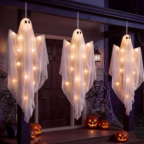 35-Inch Light Up Halloween Ghost Decor Set with Timer for Outdoor & Indoor Spooky Decorations