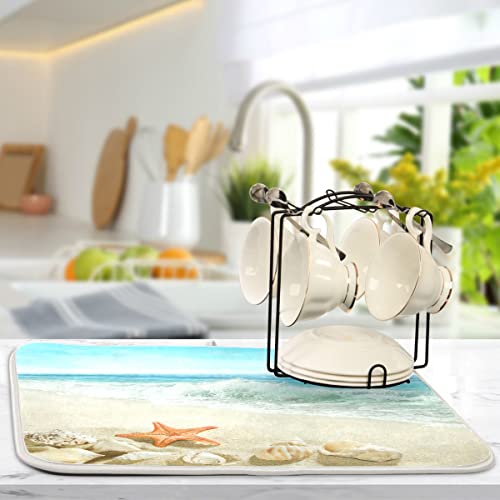 Beach Nautical Dish Drying Mat 16 x 18 Inch Sea Wave Shells Starfish Reversible Microfiber