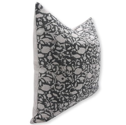 14x14 Linen Throw Pillow Cover Vintage Block Print Cushion Cover for Sofa Bed Black - Handmade