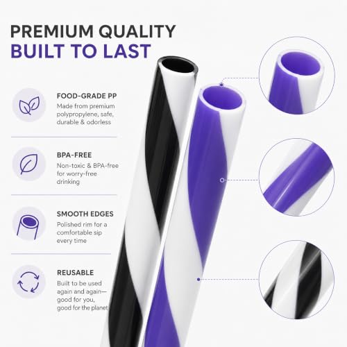Halloween Reusable Straws Set - Black and Purple Stripe, 50 Pack, 9 Inch