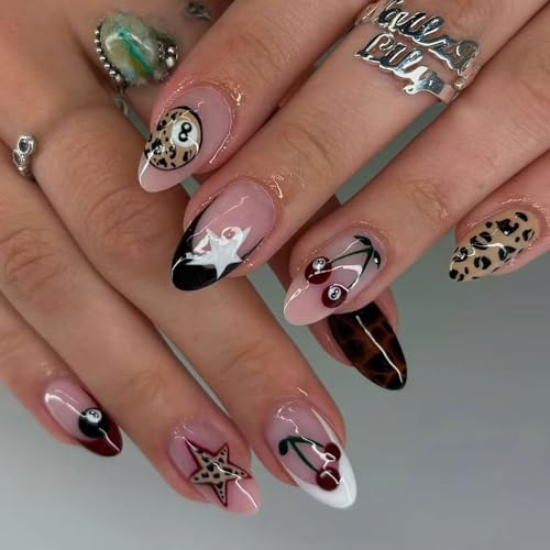 IMSOHOT Short Oval Press On Nails Brown Leopard Print with Cherry - Variation 92-02Brown
