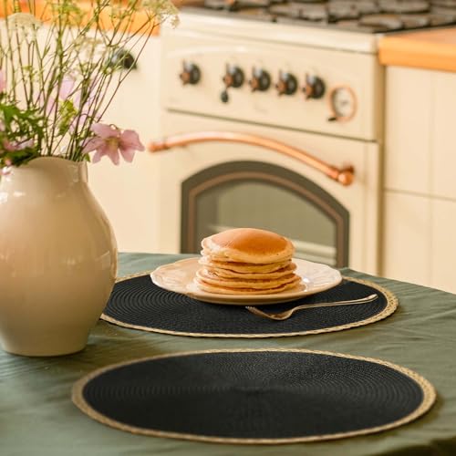 Black Round Placemats Set of 6 - Woven Table Mats with Thin Edge