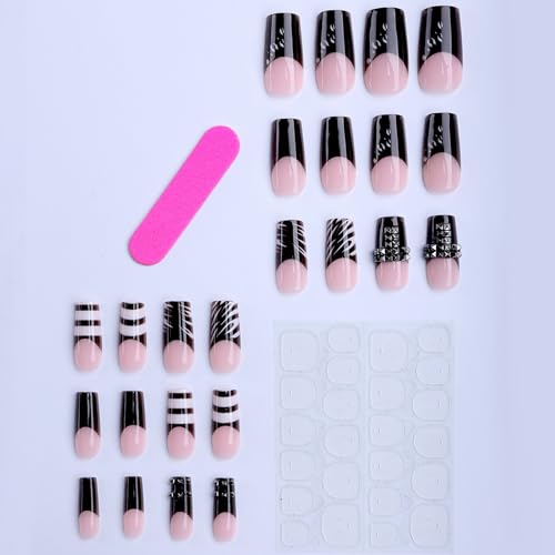 Long Press on Nails Square Fake Nails - Multicolor Y2K Stripes 24pcs - Natural Fit & Salon Quality
