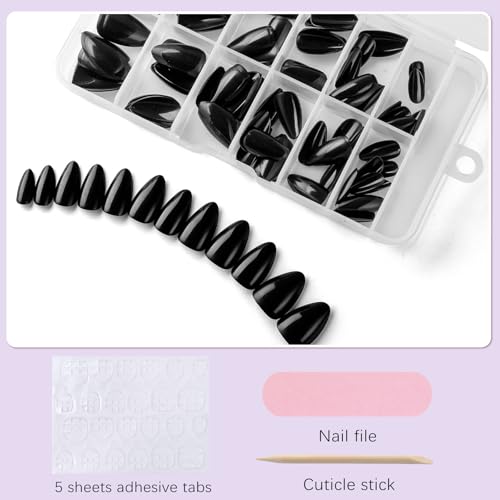 Black Short Almond Press On Nails Kit - 240pcs Fake Nails with Adhesive & Tools