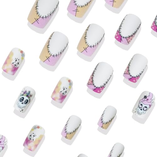 Halloween Press On Nails Medium Square Skull Fake Nails White Pink Ombre 24 Pcs Style-D20