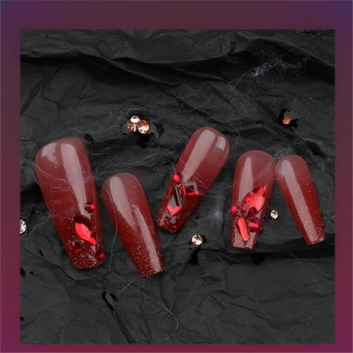 Halloween XL Red Nails Press On Long Coffin Fake Nails with Diamond Design - Red Diamond Variation