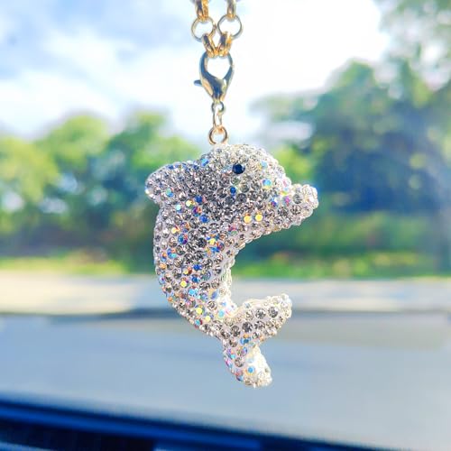 White Bling Dolphin Rear View Mirror Charm - Sparkling Rhinestones Car Decor