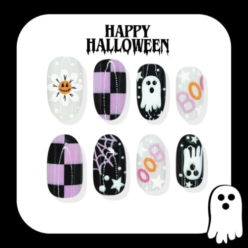 Halloween Press On Nails Short Oval Ghost & Spider Web Style-12