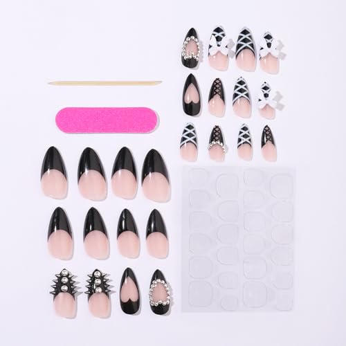 French Tip Press On Nails Set - Black Almond Fake Nails with Bow Rhinestones - Variation of THIS listing 18
