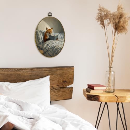 Reading Fox Canvas Wall Art - Oval Framed Decorative Print, 11x8.5 Inch