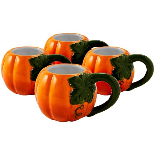 Pumpkin Shaped Ceramic Mugs Set of 4 - Fall Holiday Tableware