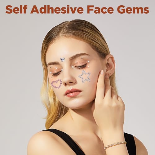 Self-Adhesive 3D Face Gems Stickers - Sparkly Heart, Star & Moon Shapes