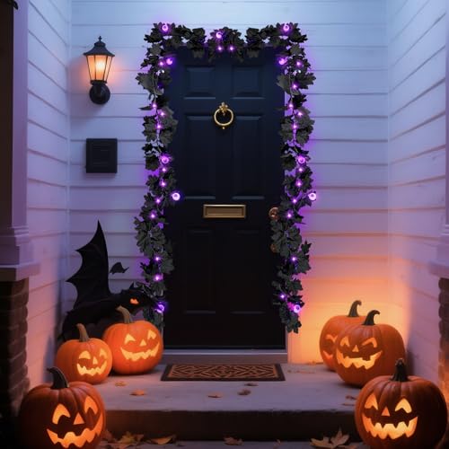 6FT Black Maple Leaves Halloween Garland with 20 LED Purple Lights