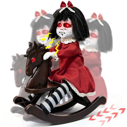 Halloween Animatronic Girl Doll on Rocking Horse with Lights - Multicolor
