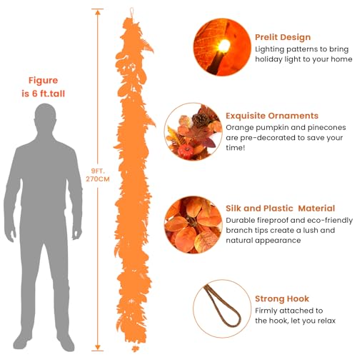 9ft Fall Garland with Lights and Timer for Mantle – Autumn Decor with Pumpkins & Leaves