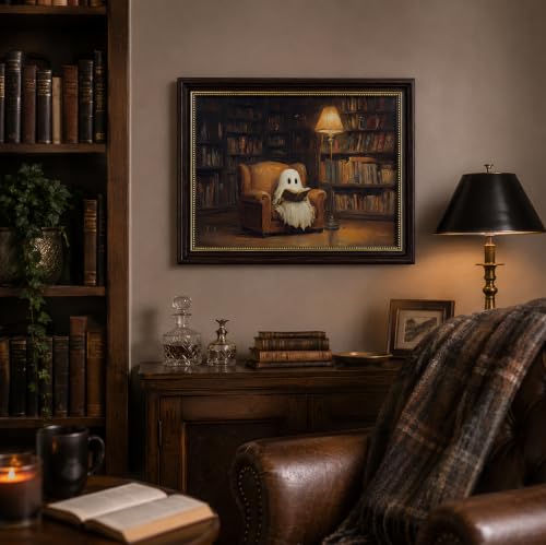 Vbaourut Halloween Ghost Wall Art - Reading Ghost Framed Decor 12x16 Inches - Dark Academia Style
