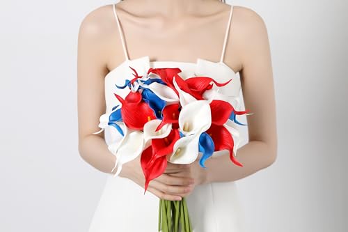Artificial Calla Lily Flowers 24 Pcs for 4th of July Decorations - White, Red, Blue