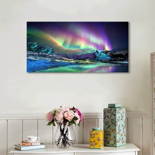 Aurora Borealis Canvas Wall Art - Northern Lights Scenery, 40x20 Inches, Ready to Hang - Aurora Art