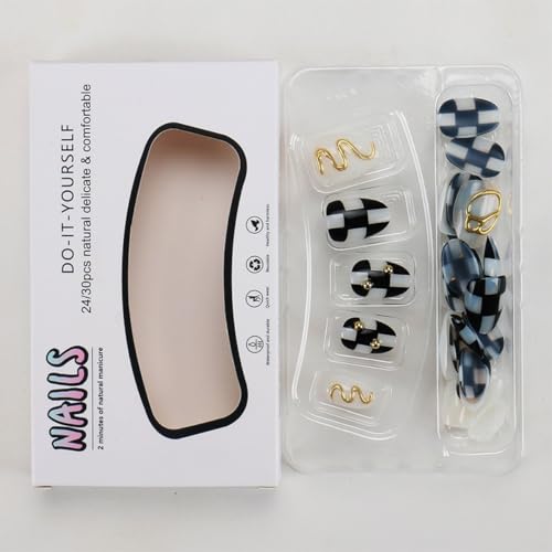 Checkered Press On Nails Extra Short Almond Fake Nails Black White Style36