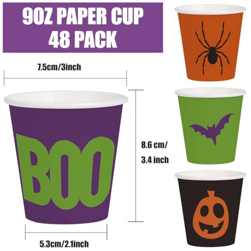 Halloween Paper Cups 9oz - Spider Design, Colorful Spider Variation, 48 Pack