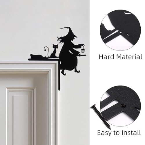 Black Halloween Door Corner Sign Witch on Broom and Cat Metal Decor - Home & Party