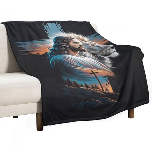 Jesus and the Lion Throw Blanket 40x50 Inch - Cross Art Design, Soft Eco-Friendly Fleece