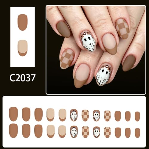 Press On Halloween Nails Set - Medium Oval Fake Nails with Ghost Design, Style 10