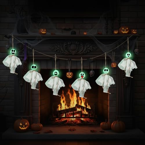 Halloween Hanging Ghost Decorations with LED Light - Green Light, 6 Pcs Indoor Outdoor