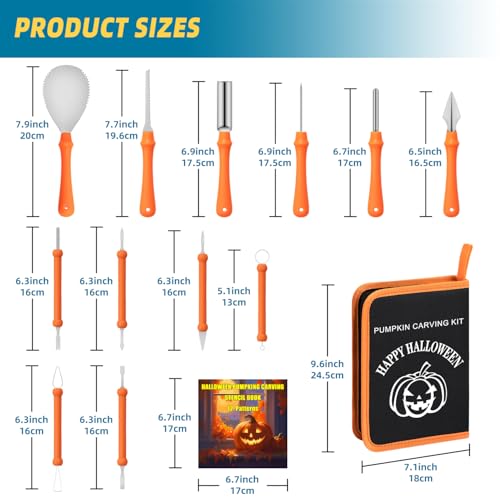 Halloween Pumpkin Carving Kit with 12 Stencils & Tools, Includes Bag
