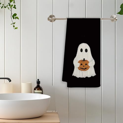 Dark Academia Ghost Pumpkin Kitchen Towels - Black Halloween Dish Hand Towel
