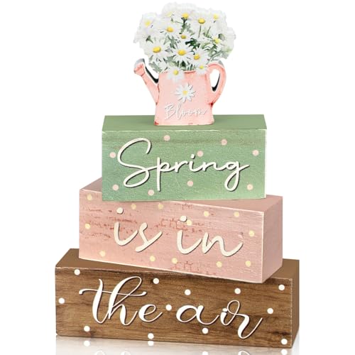 Daisy Farmhouse Spring Tiered Tray Decorations - 4 Wooden Sign Blocks - Daisy Variation