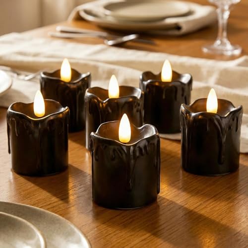 Black Dripping Wax Halloween Flameless Votive Candles with Timer - Set of 6