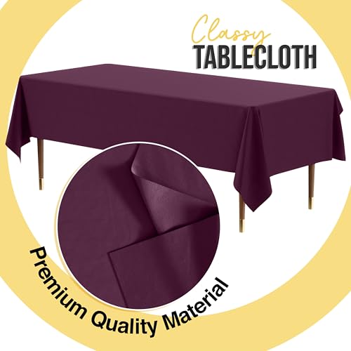 Disposable Plastic Table Cover 54x108 Inches - Thick 66% Premium Rectangular Tablecloth - Plum Pack of 12