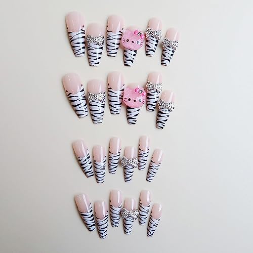 Leopard Print Press On Nails with Charms - Long Coffin Fake Nails for Women, 24 Pack